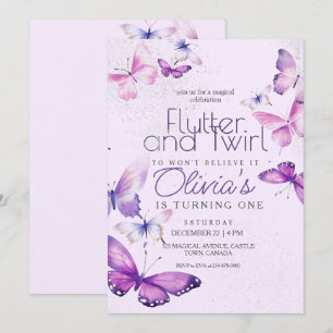 Little Butterfly Girls Purple 1st Birthday Party  Invitation