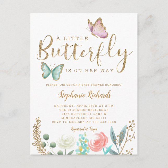 Little Butterfly Is On Her Way Gold Baby Shower Invitation Postcard (Front)