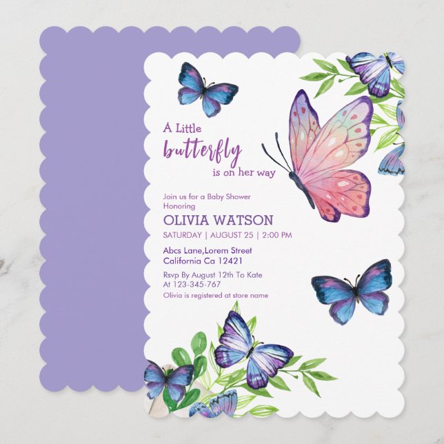 Little butterfly is on her way purple Baby Shower  Invitation (Front/Back)