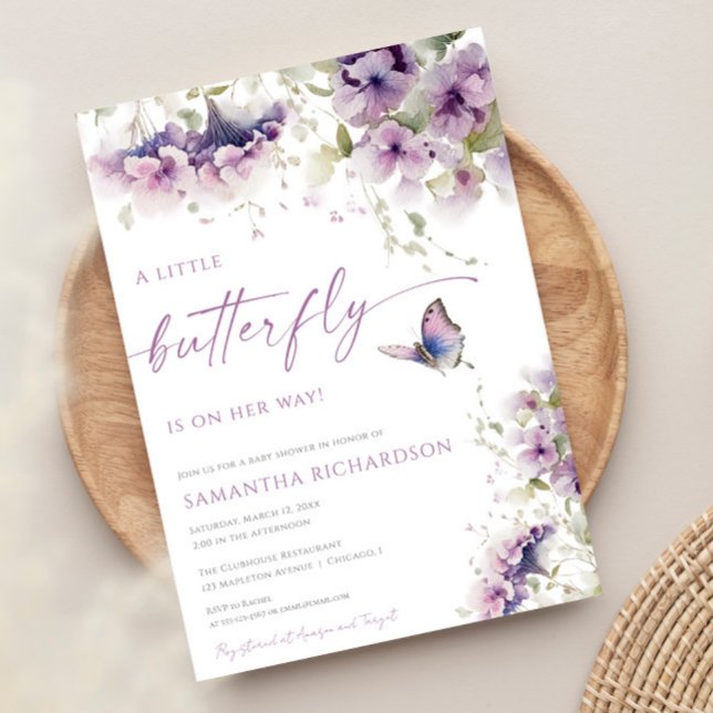 Little butterfly is on the way purple baby shower invitation (Creator Uploaded)