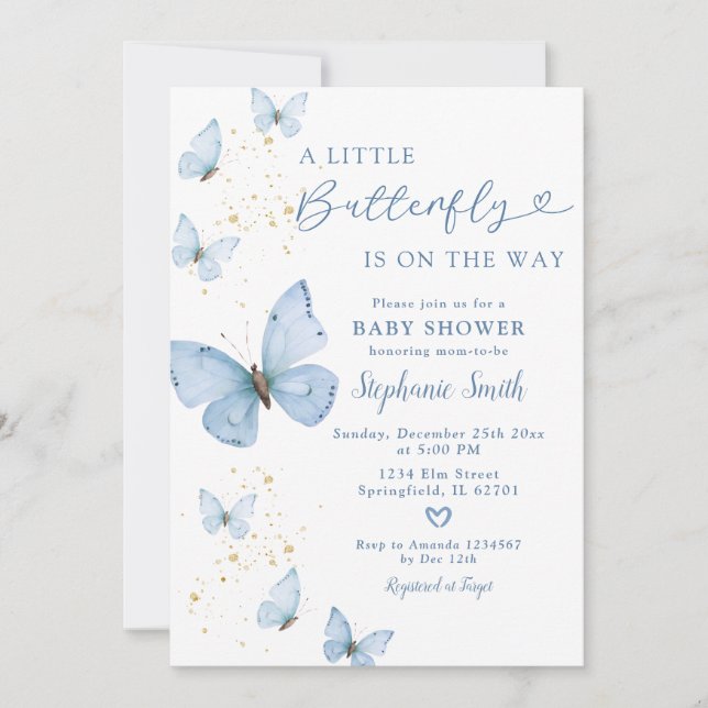 Little Butterfly On The Way Blue Gold Baby Shower Invitation (Front)