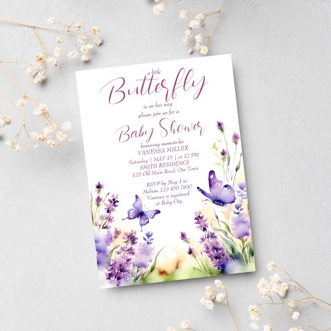 Little butterfly pastel lavender lilac baby shower invitation (Butterfly baby shower template invitation digital download purple lilac pastel watercolor meadow)