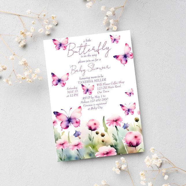 Little butterfly pastel lilac pink baby shower invitation (Little butterfly baby shower template invitation instant download meadow flowers pastel butterflies)