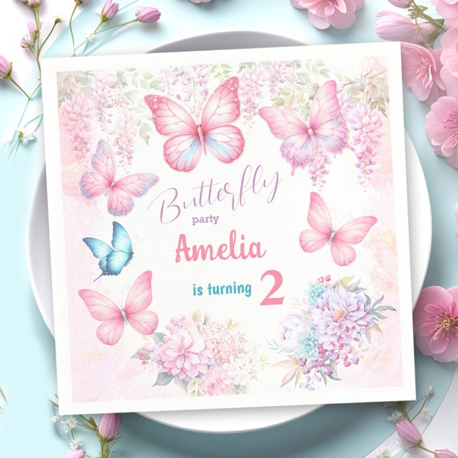 Little Butterfly Pink Floral Summer Girl Birthday Napkin (Little Butterfly Pink Floral Summer Girl Birthday Napkins)