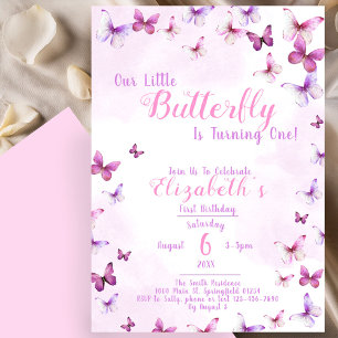 Little Butterfly Pink Girl First Birthday Invitation