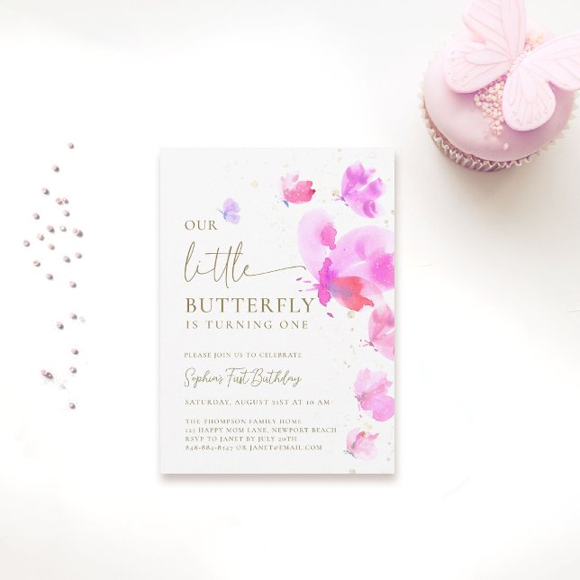 Little Butterfly Pink Purple Budget 1st Birthday Invitation (our little butterfly 1st birthday invitation girls pink purple watercolor garden tea party elegant)