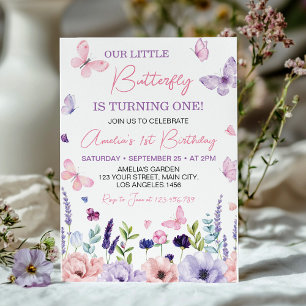 Little Butterfly Pink Purple Floral Birthday Invitation