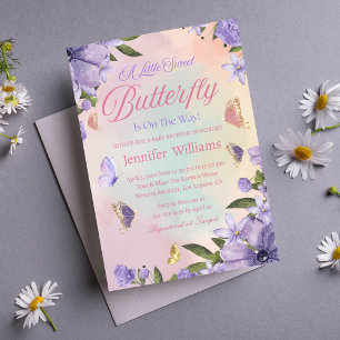 little butterfly pink purple flowers baby shower  invitation