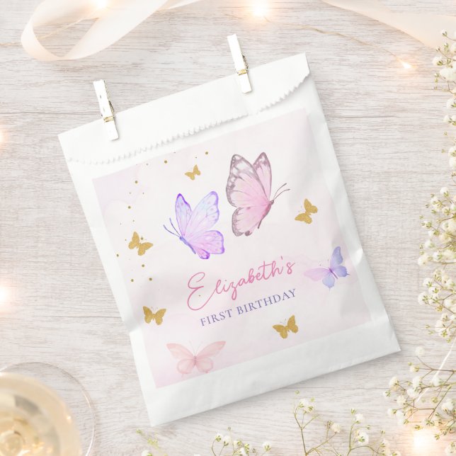 Little Butterfly Pink Purple Girl First Birthday Favour Bag (Clipped)