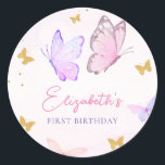 Little Butterfly Pink Purple Gold Girl Birthday Classic Round Sticker<br><div class="desc">Our little butterfly pink purple gold girl birthday party classic round sticker.</div>