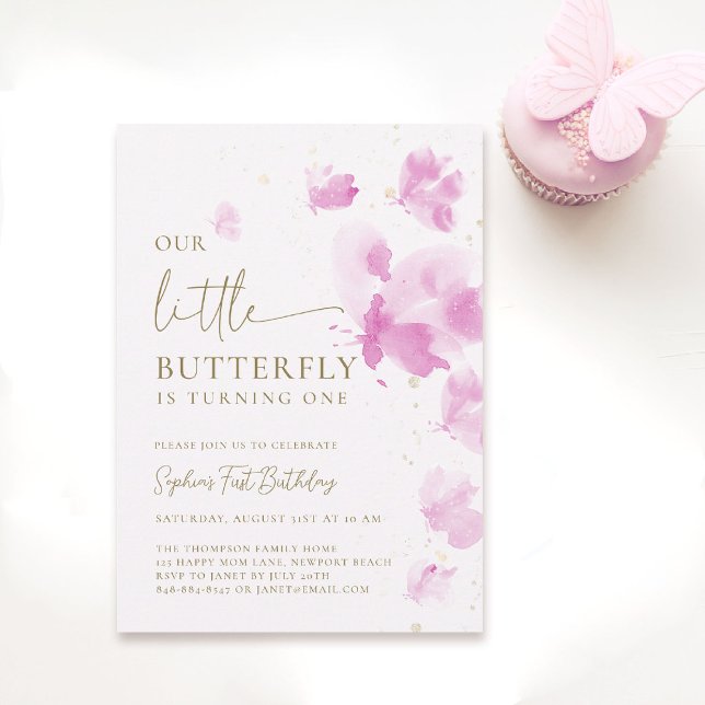 Little Butterfly Pink Whimsical Theme 1st Birthday Invitation (butterfly themed 1st birthday invitation girls pink purple blush watercolor one year fluttered by)