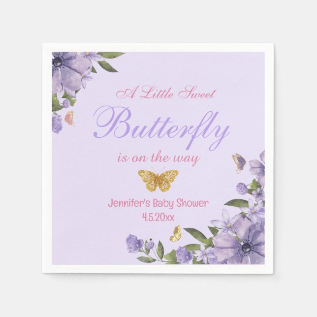 little butterfly purple flowers girl baby shower napkin (Front)