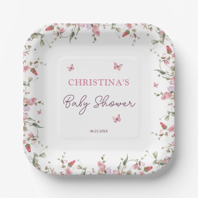 Little Butterfly Watercolor Baby Shower  Paper Plate (Front)