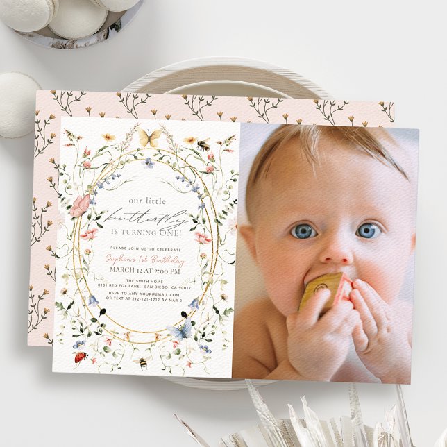 Little Butterfly Wildflower Bee Photo 1st Birthday Invitation (Creator Uploaded)
