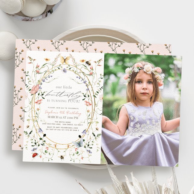 Little Butterfly Wildflower Bee Photo Birthday Invitation (Creator Uploaded)