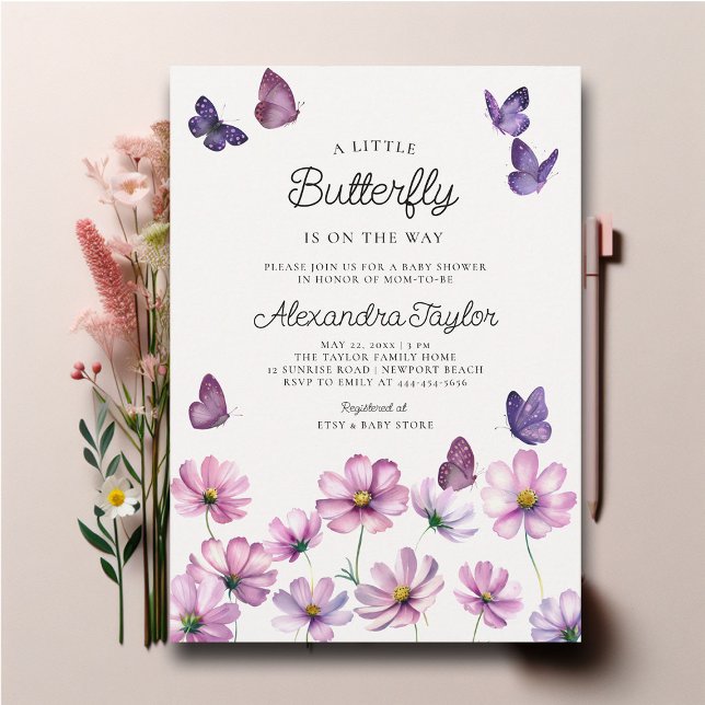 Little Butterfly Wildflower Pink Baby Girl Shower Invitation (little butterfly baby girl shower invitation cottage garden watercolor purple wildflowers cute sweet)