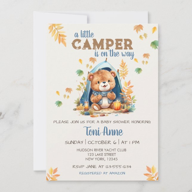 LITTLE CAMPER  BLUE WATERCOLOR BABY SHOWER INVITATION (Front)