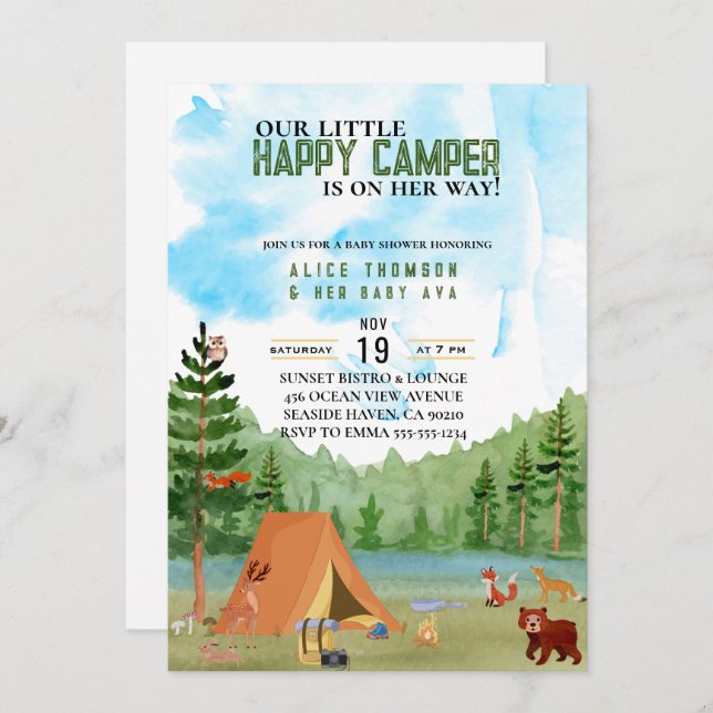 little camper camping adventure forest baby shower invitation (Front/Back)
