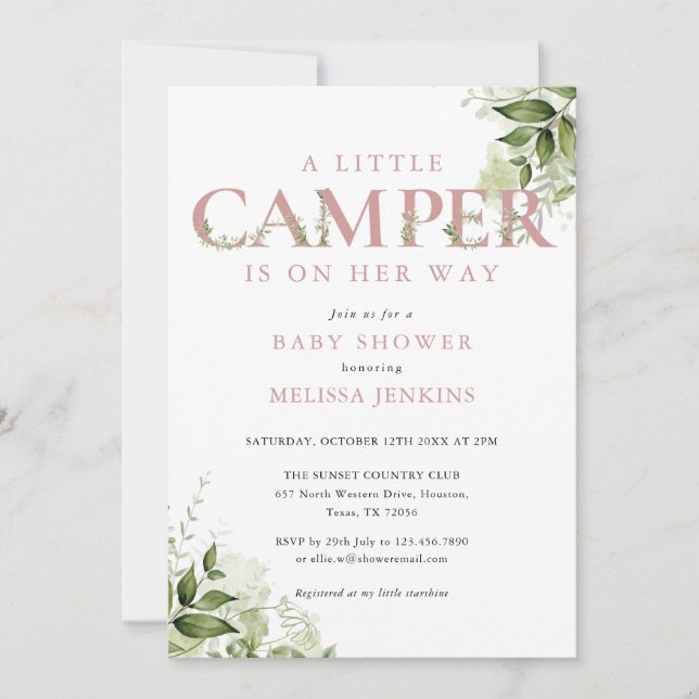 Little Camper Dusty Rose Greenery Baby Shower Invitation (Front)