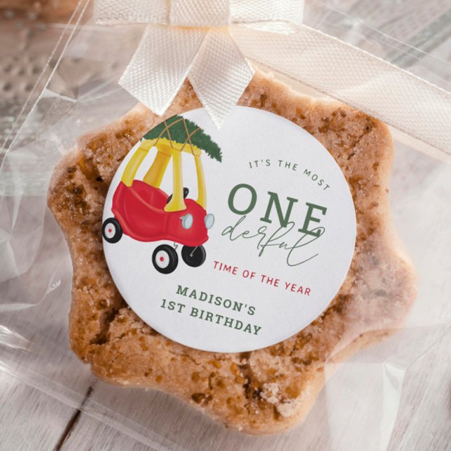 Little Car Holiday Onederful Birthday Favours Classic Round Sticker (Creator Uploaded)