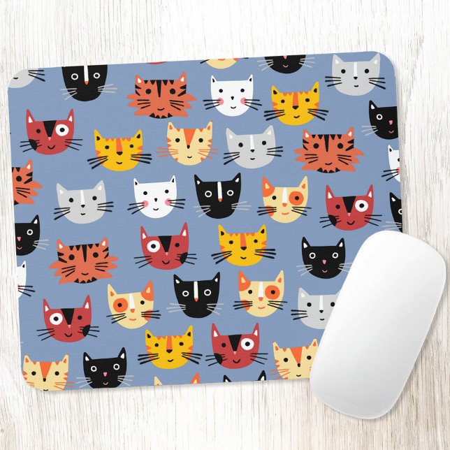 Little Cat Faces Mouse Pad (Fun cat faces animal lover art mousemat)