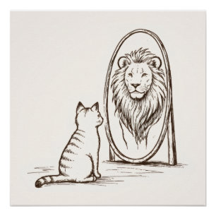 Little Cat Sees Reflection of Lion in the Mirror Poster