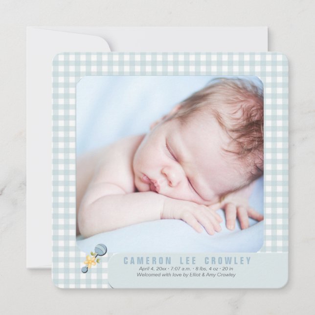 Little Checks Blue Photo Birth Announcement (Front)