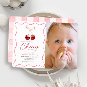 Little Cherry on Top Ribbon Photo 1st Birthday Invitation