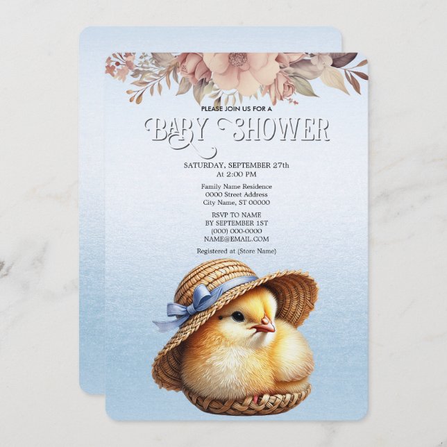 Little Chick Blue Ribbon Baby Shower Invitation (Front/Back)