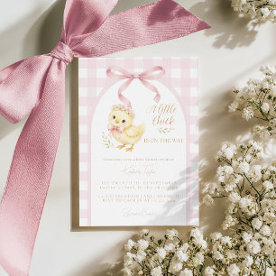 Little Chick Bow Pink Gingham Girl Baby Shower Invitation