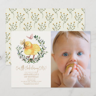 Little Chick & Butterfly Girl 1st Birthday Photo Invitation