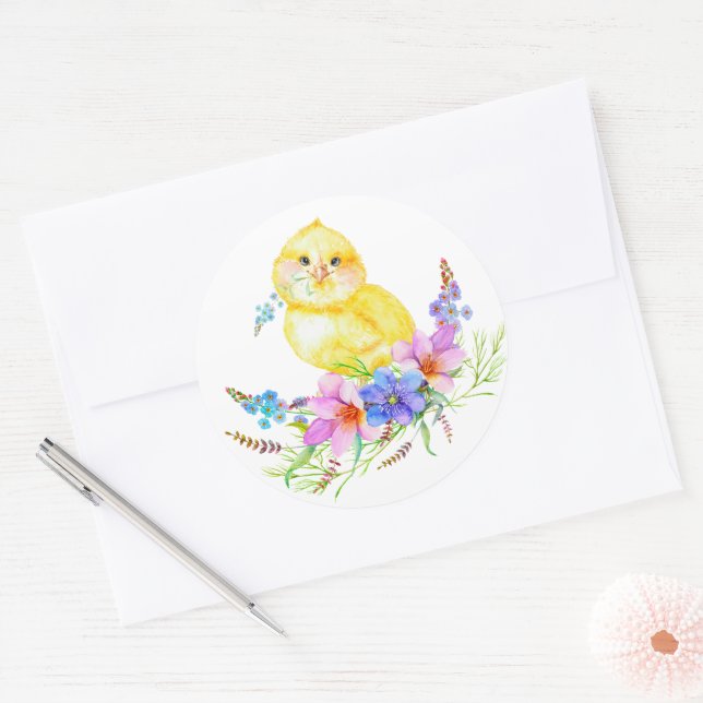 Little chick floral baby shower classic round sticker (Envelope)