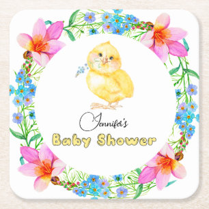 Little Chick Floral Baby Shower  Square Paper Coaster
