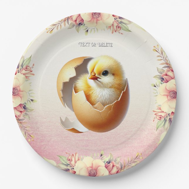 Little Chick Hatching Floral Paper Plate (Front)