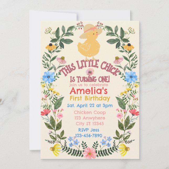 Little Chick is One, Floral 1st Birthday Invitation (Front)