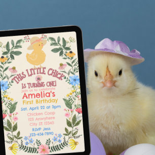 Little Chick is One, Floral 1st Birthday Invitation