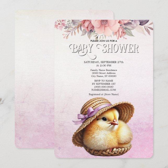 Little Chick Pink Ribbon Baby Shower Invitation (Front/Back)