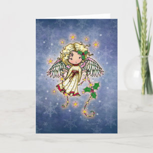 Little Christmas Angel with Holly Art  Holiday Card