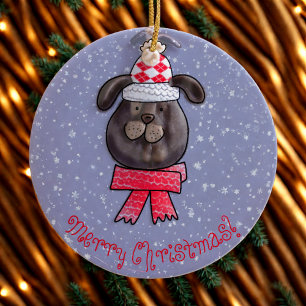 Little Christmas dog wearing knitted cap and scarf Ceramic Ornament