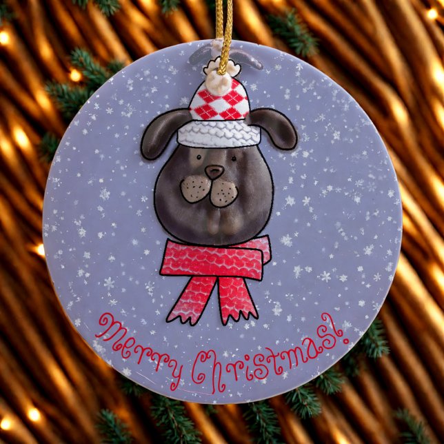 Little Christmas dog wearing knitted cap and scarf Ceramic Ornament (Creator Uploaded)