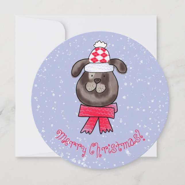 Little Christmas dog wearing knitted cap and scarf Invitation (Front)
