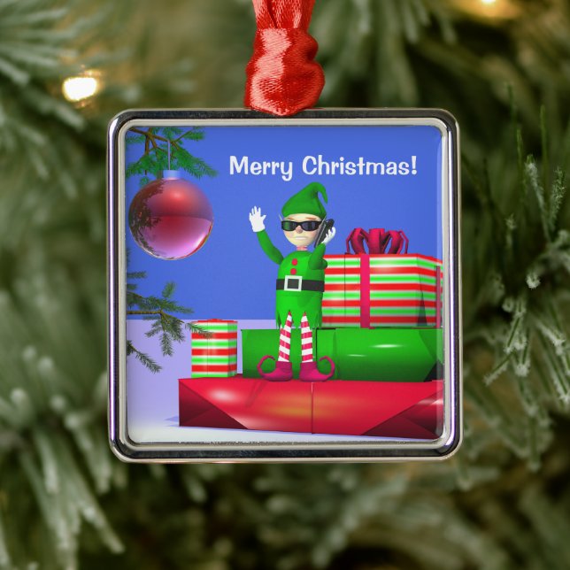 Little Christmas Elf Standing on Gifts Metal Ornament (Tree)