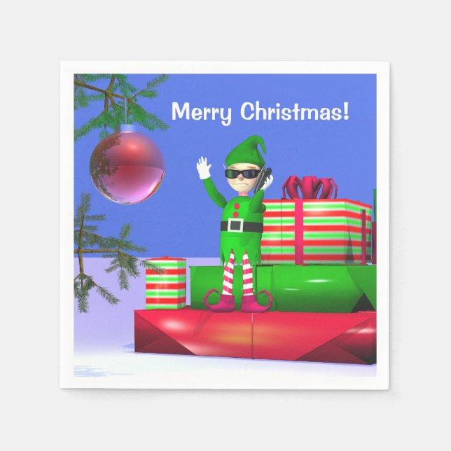 Little Christmas Elf Standing on Gifts Napkin (Front)