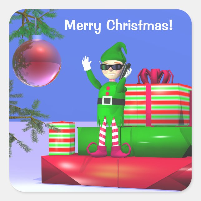 Little Christmas Elf Standing on Gifts Square Sticker (Front)