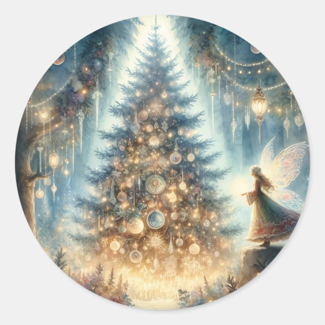 Little Christmas Fairy in an Enchanted Forest Classic Round Sticker (Front)
