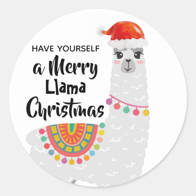 Little Christmas funny Llama Santa hat wishes Classic Round Sticker (Front)