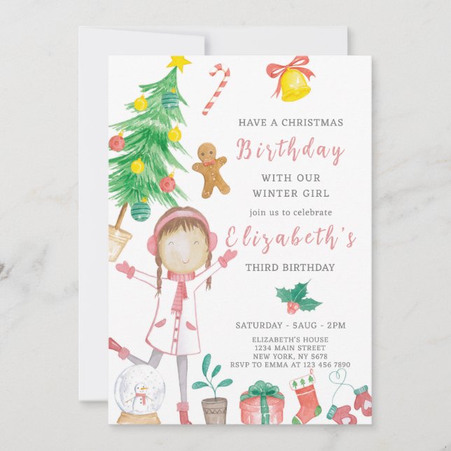 Little Christmas Girl Birthday Invitation (Front)