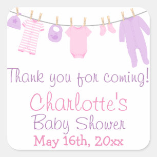 Little Clothes Pink & Purple Baby Shower Party Square Sticker