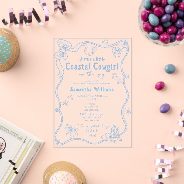 Little Coastal Cowgirl Pink Blue Girl Baby Shower Acrylic Invitations (Insitu (Celebration))
