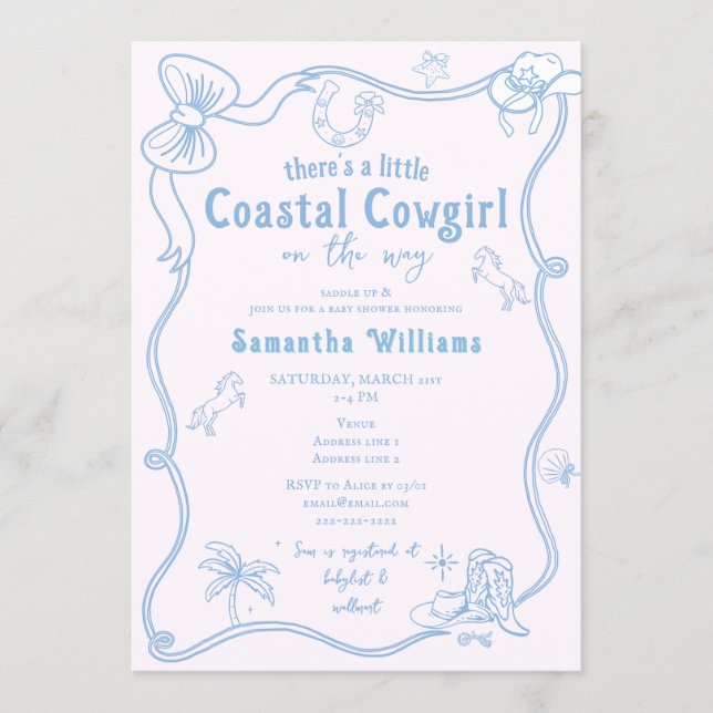 Little Coastal Cowgirl Pink Blue Girl Baby Shower Invitation (Front)